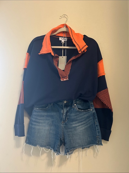 eesome Tops - Eesome oversized Navy & Orange Contrast Polo Sweatshirt
